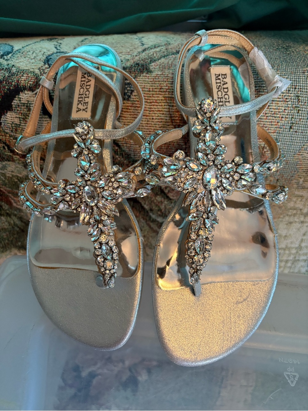 Badgley Mischka Silver Jeweled T-Strap Sandals with Crystal Cross Motif